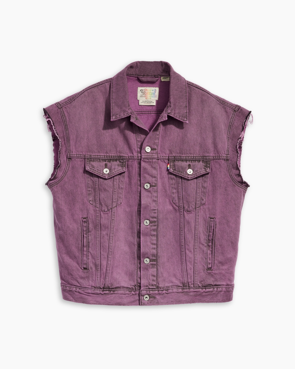 Front of the Levi’s Pride Liberation Trucker Vest in lavender, with raw-hemmed sleeves