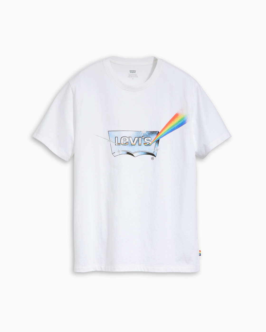 Levi’s Pride Community Graphic T-Shirt in white, with a chrome Levi’s logo and a rainbow beam