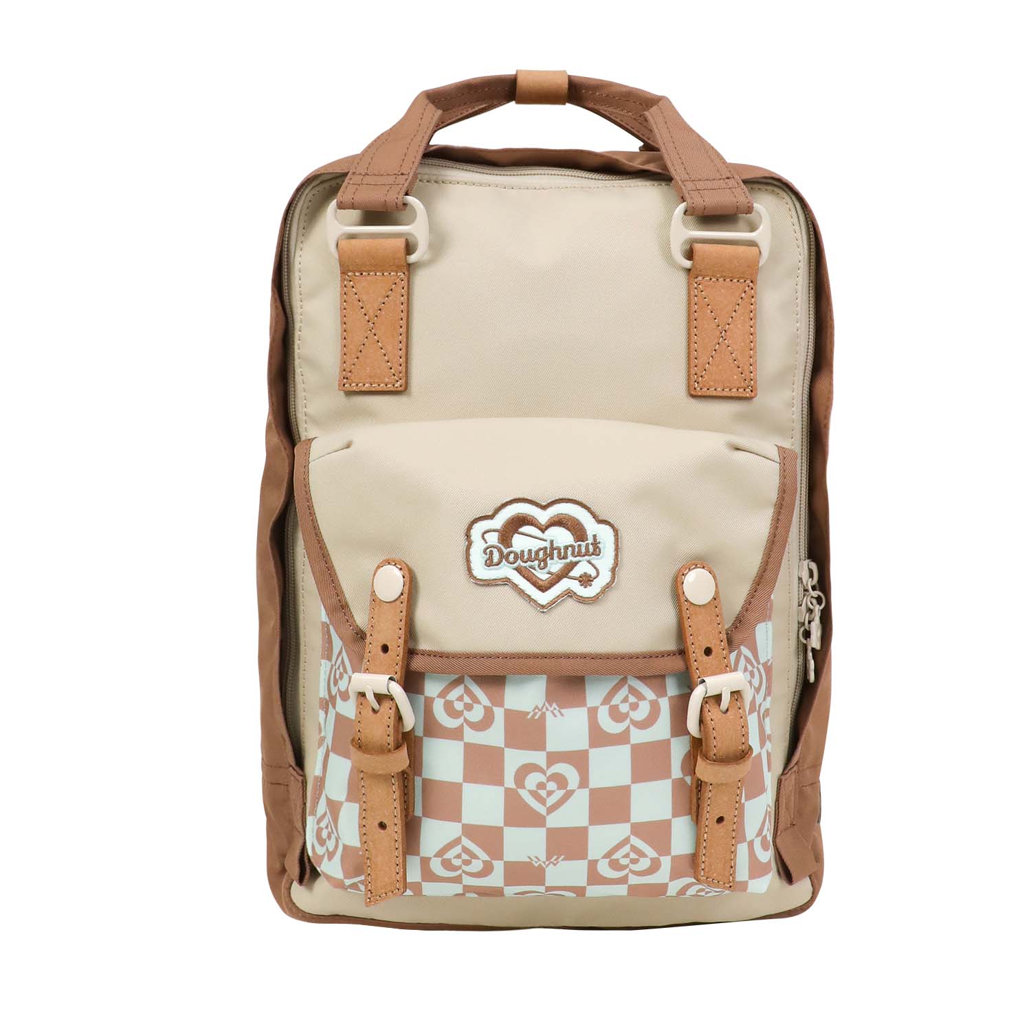 Macaroon Kaleido Series in Mushroom features a medium-sized backpack in brown, cream and soft blue hues