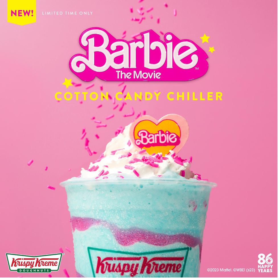 A photo of the Barbie The Movie and Krispy Kreme’s Cotton Candy Chiller which is a teal-colored beverage with pink glittergelli, whipped cream and a Barbie candy topper.