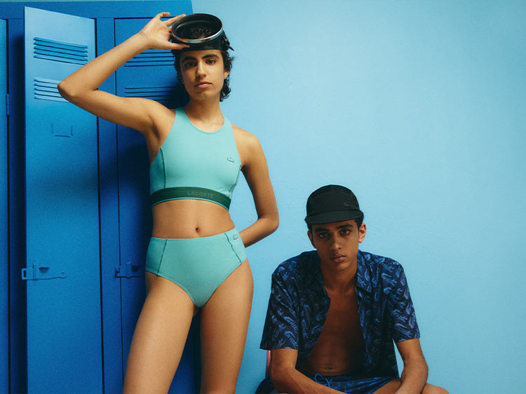 Middle: A woman in a teal bikini and a man in a blue polo pose in a blue locker room, wearing the Lacoste Summer Pack Collection.