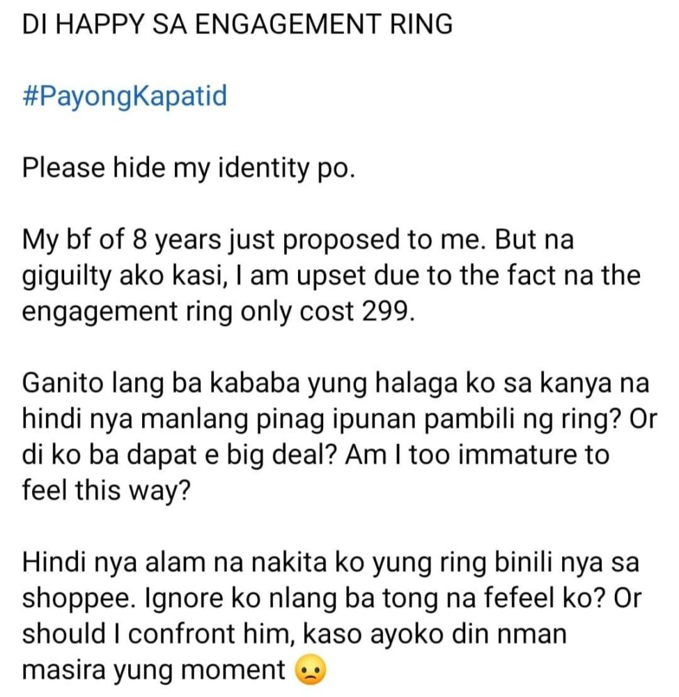 Thoughts sa guy behind 299 engagement ring issue? : r/ChikaPH